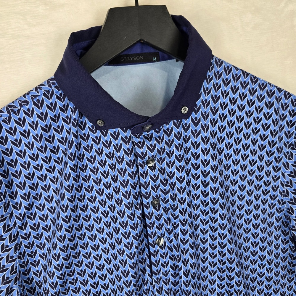 Greyson Mens Blue Geometric Chevron Performance Golf Polo Shirt Size M Montauk